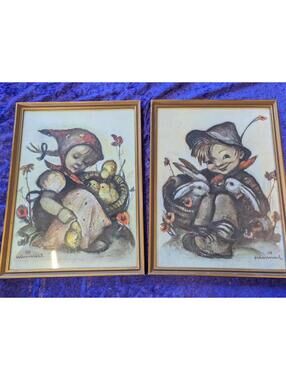 Vintage Hummel Style Framed Prints of Children with Animals - Set of 2